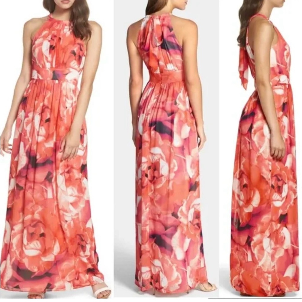 Eliza J Floral Print Chiffon Halter Maxi Dress Size 4